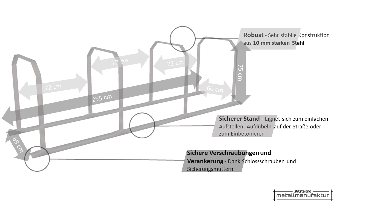 steland metallmanufaktur® Fahrradständer Doppelsystem | Anlehnsystem für 8 Fahrräder | sicherer Stand zum aufdübeln oder einbetonieren (Stahl feuerverzinkt)